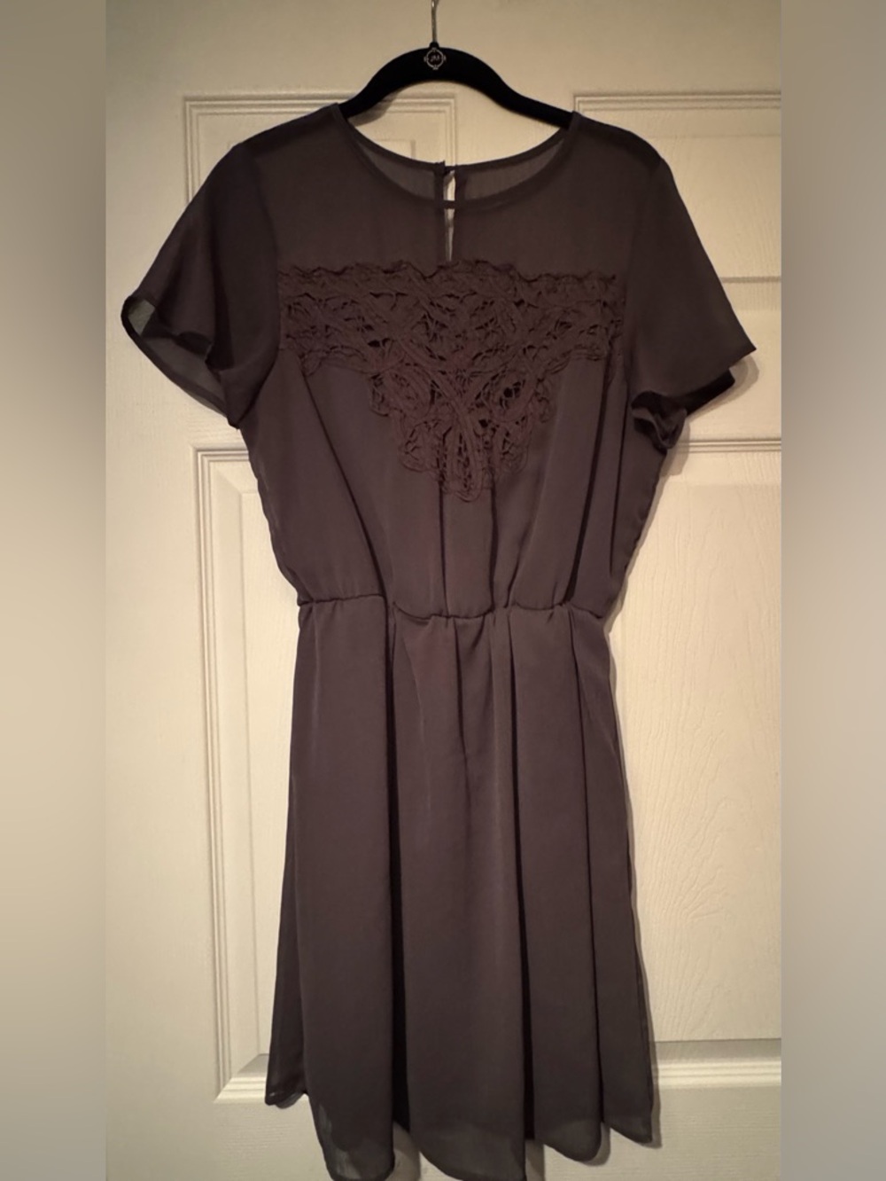 Maurices Sz Medium Charcoal Gray Lace Yoke Mini Dress w/ sheer top/sleeves